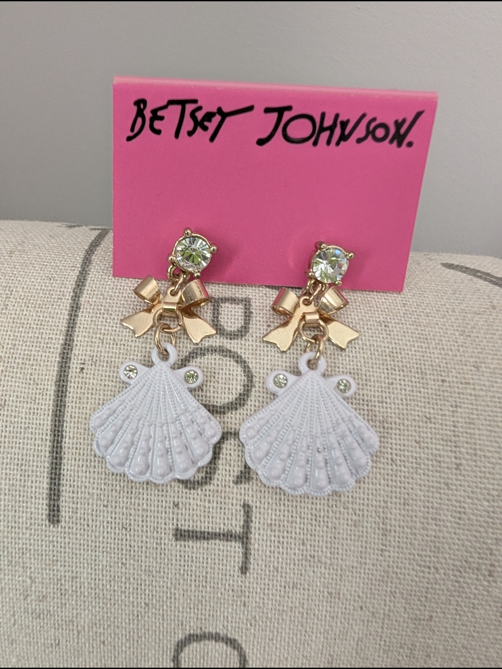 Betsey Johnson Gold Bow White Shell Drop Earrings with Clear Crystal